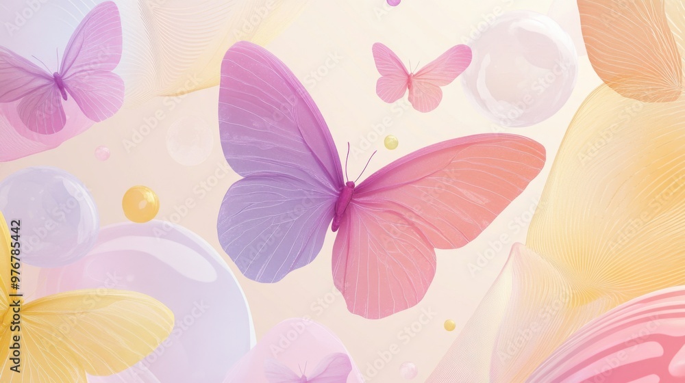 Poster colorful butterflies with translucent wings flutter above abstract bubbles in soft pastel background
