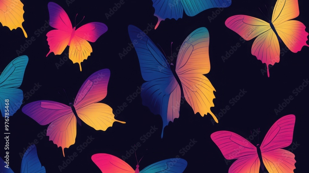 Poster colorful butterflies flutter gracefully against a dark backdrop, illuminated by soft light reflectin