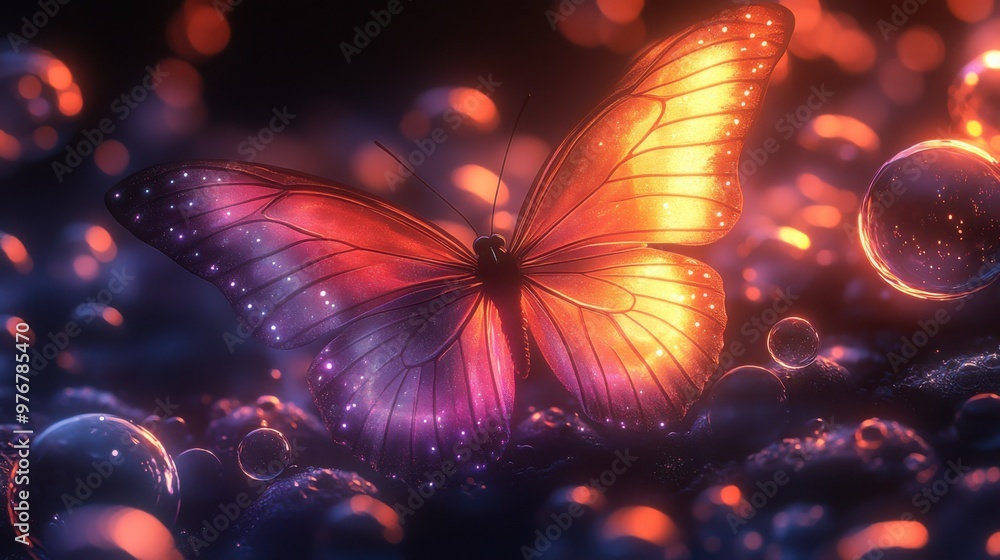 Poster colorful butterflies flutter gracefully against a dark backdrop, illuminated by soft light reflectin