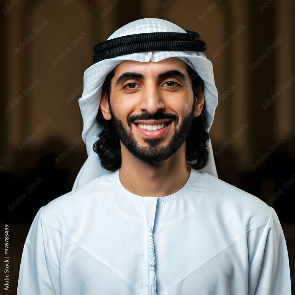 Wall mural Young Smiling Middle Eastern Man in White Traditional Thobe and Keffiyeh Outdoors