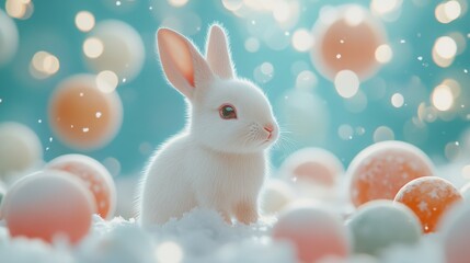 A charming white rabbit is positioned in a teal winter setting, encircled by a variety of colorful spheres, giving a lively and enchanting vibe to the surroundings.