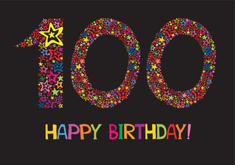 Happy birthday card. Celebration black background with number hundred and place for your text. Vector illustration 