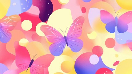 Colorful butterflies with translucent wings flutter above abstract bubbles in soft pastel backgrounds, creating a whimsical and dreamy atmosphere