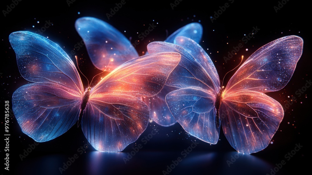 Poster colorful butterflies flutter gracefully against a dark backdrop, illuminated by soft light reflectin