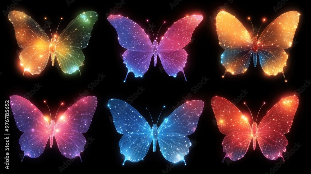 Poster colorful butterflies flutter gracefully against a dark backdrop, illuminated by soft light reflectin