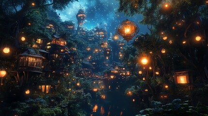A wide-angle perspective of a mystical forest town