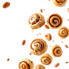 Fototapeta premium Cinnamon rolls with creamy icing floating in mid air in a dynamic composition