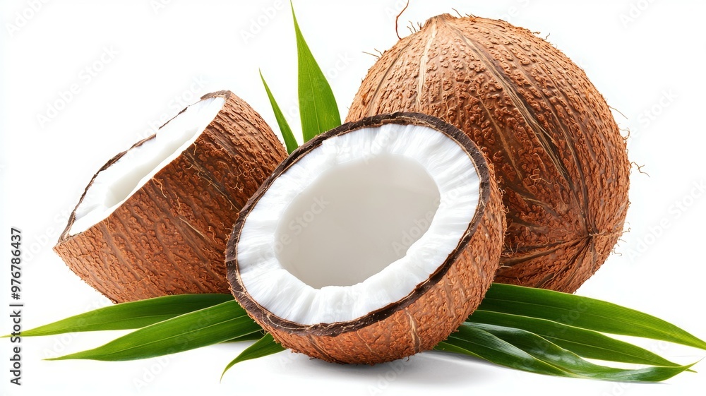 Poster three coconuts with one of them cut open