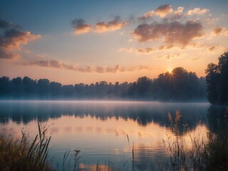 Fototapeta premium blue sky and clouds sunrise over the lake.
