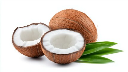 Two halves of a coconut with green leaves on the side