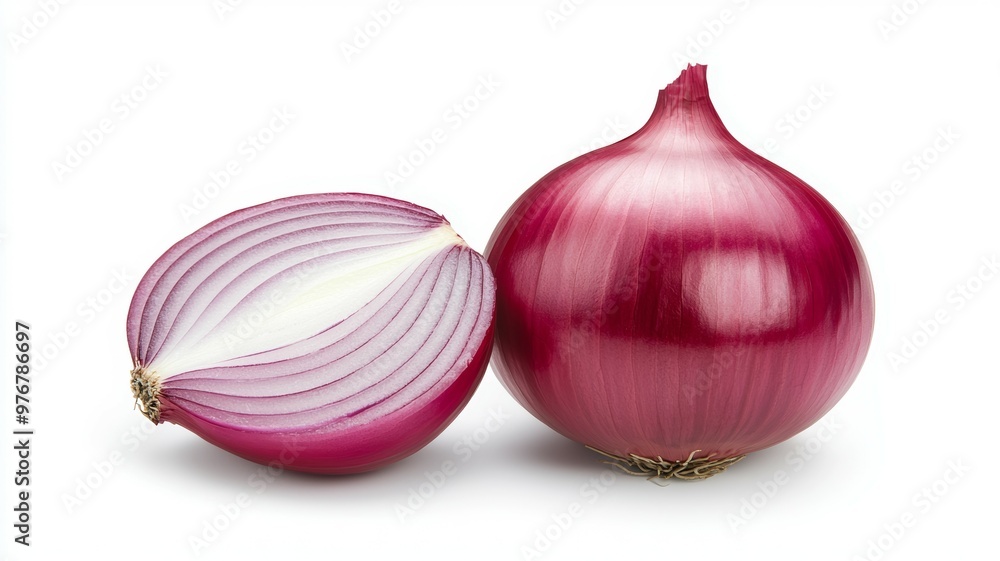 Wall mural a large red onion is cut in half, revealing its layers