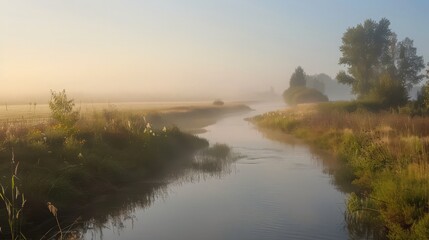 Obraz premium Morning fog over the river in the early morning light. Fishing concept