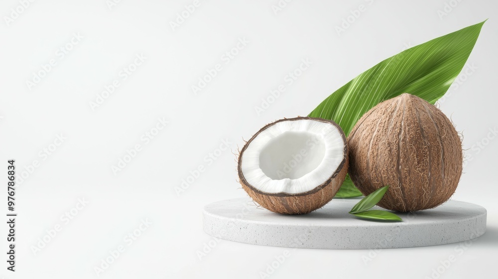 Poster two coconuts with a leaf on top of a white background