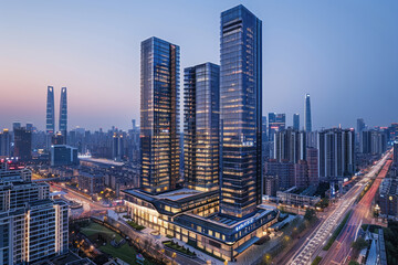Naklejka premium At night, high-rise buildings in modern cities