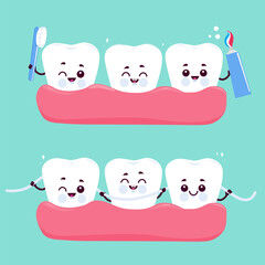 Cute dental hygiene set with cartoon teeth characters in healthy gums smiling, holding a toothbrush and toothpaste. Cute kids dentist office cartoons. Teeth brushing and flossing. Vector illustration