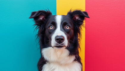 Fototapeta premium A black and white Border Collie dog posing against a vibrant, colorful background with blue, yellow, and red sections.