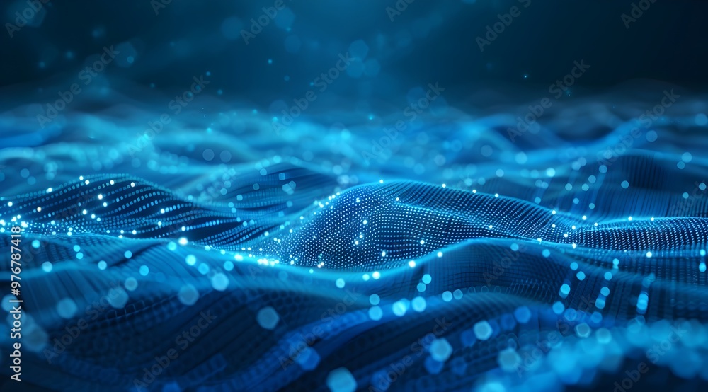 Poster abstract blue digital background with glowing particles and network connections, creating an elegant