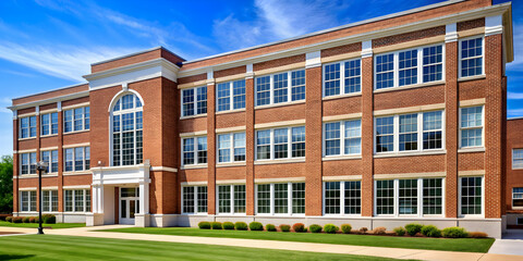 Fototapeta premium Typical American school building exterior with brick facade and white windows, school, building, educational