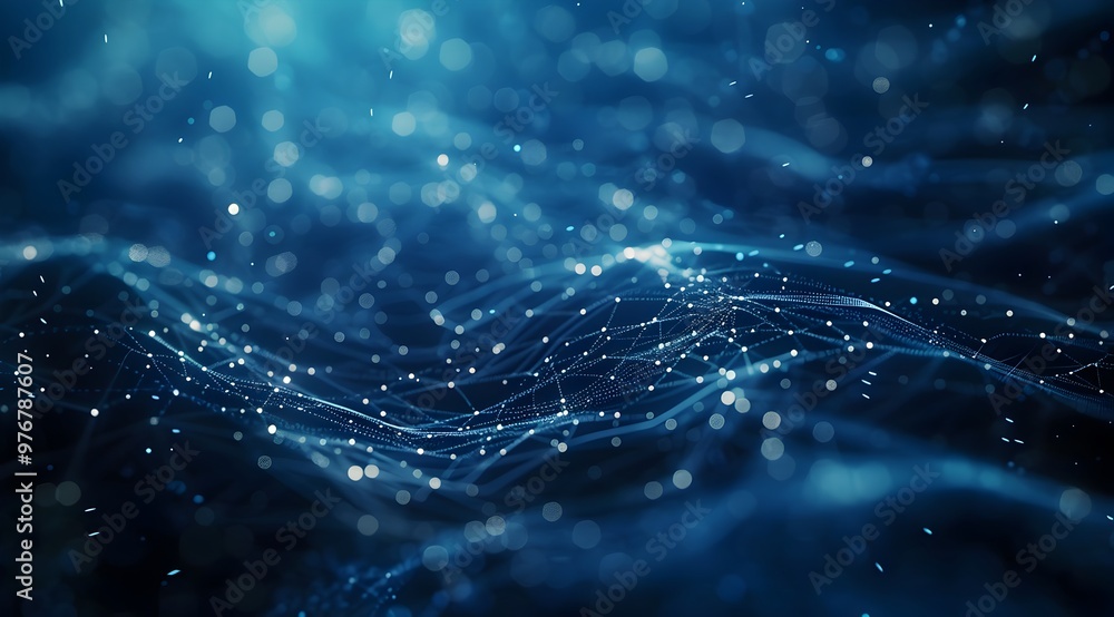 Poster abstract blue digital background with glowing particles and network connections, creating an elegant