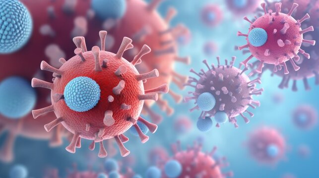 Pathogen respiratory coronavirus flu outbreak. Microscopic view of floating influenza virus cells. Dangerous Covid coronavirus, pandemic risk concept.