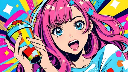 Animated image of a joyful girl with bright pink hair and blue star accessories, holding a striped cup, set against a vibrant explosion of colors and stars.