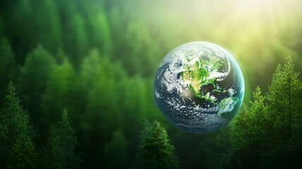 A blue and white globe is floating in the air above a forest of green trees