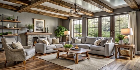 A warmly inviting room features grey walls, exposed wooden beams, and neutral furniture, adorned with farmhouse accents