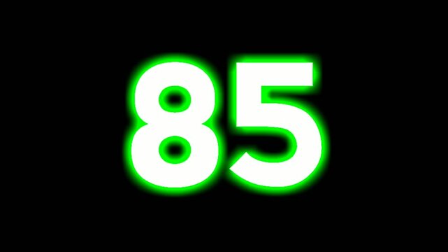 Neon number 85 eighty five sign symbol modern animation motion graphics flicking on black background,green color glowing and shining for video elements