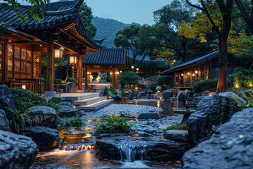 Obraz premium Chinese architecture at night, pavilions and towers