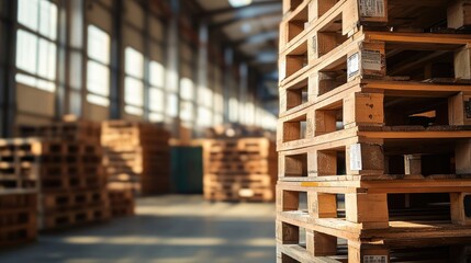 Close-Up of Stacked Euro Pallets in an Empty Warehouse, Perfect for Logistics and Freight Imagery