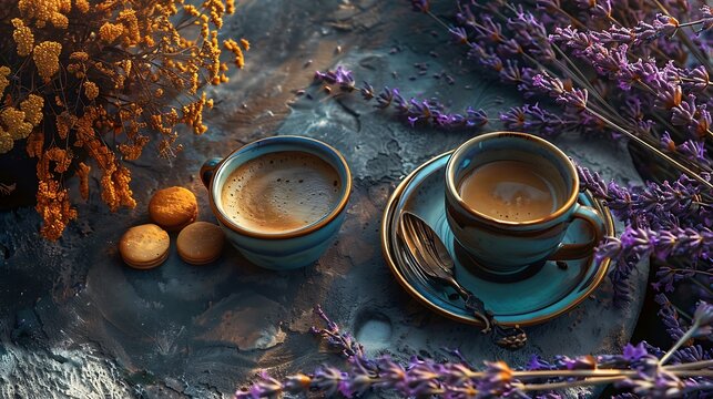 A dish of warms and a cup of hot java set on an eating backdrop of lavender