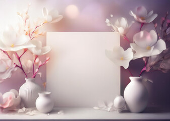 Elegant white board surrounded by flowers, generated by AI