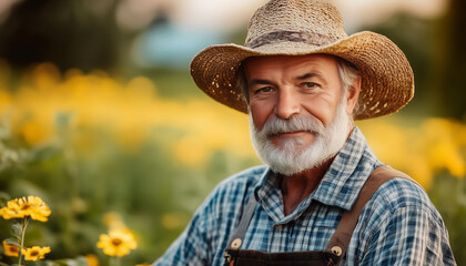 Elderly Caucasian man with a white beard wearing a straw hat stands in a sunflower field on a sunny day.