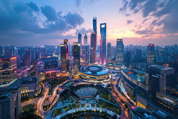 Fototapeta premium At night, high-rise buildings in modern cities