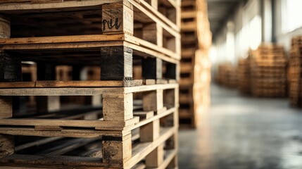 Fototapeta premium Close-Up of Stacked Euro Pallets in an Empty Warehouse, Perfect for Logistics and Freight Imagery