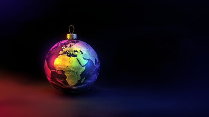 Regenbogen Weihnachtskugel mit Weltkarte. Globales Symbol für Fest der Liebe. Internationale Weihnachtsdekoration. Einheit, Frieden, weltweite Festlichkeit