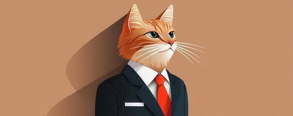 Cat in business suit, corporate branding with feline twist, flat design illustration
