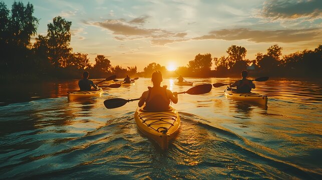 A group of kayakers glides down a serene river at sunset, merging with nature in a picturesque display of camaraderie and adventure.