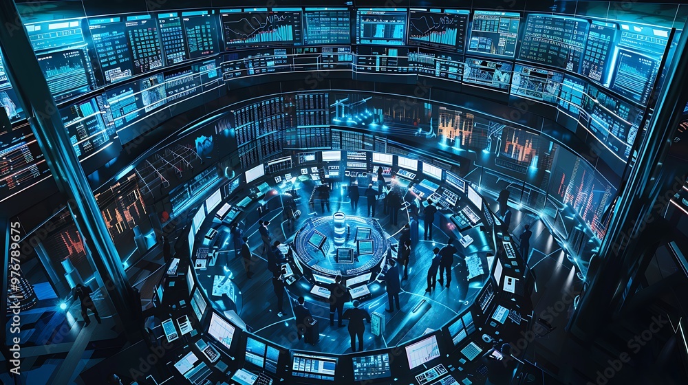 Poster futuristic control center filled with people working with data on monitors and technology in a circu