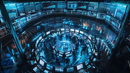 Futuristic control center filled with people working with data on monitors and technology in a circular space.