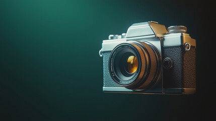  Vintage camera floating on a dark green background with copy space
