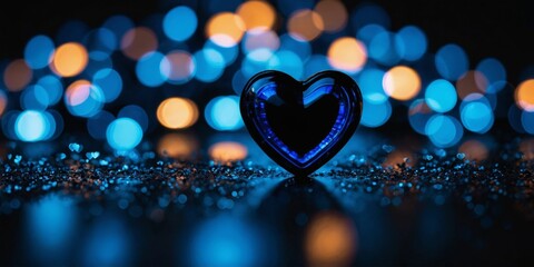 Blurred blue objects on black heart shaped background.