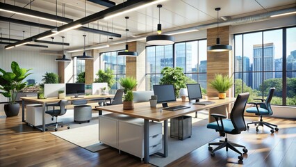 Contemporary office workspace features sleek modern desks, ergonomic chairs, and high-tech equipment, creating a
