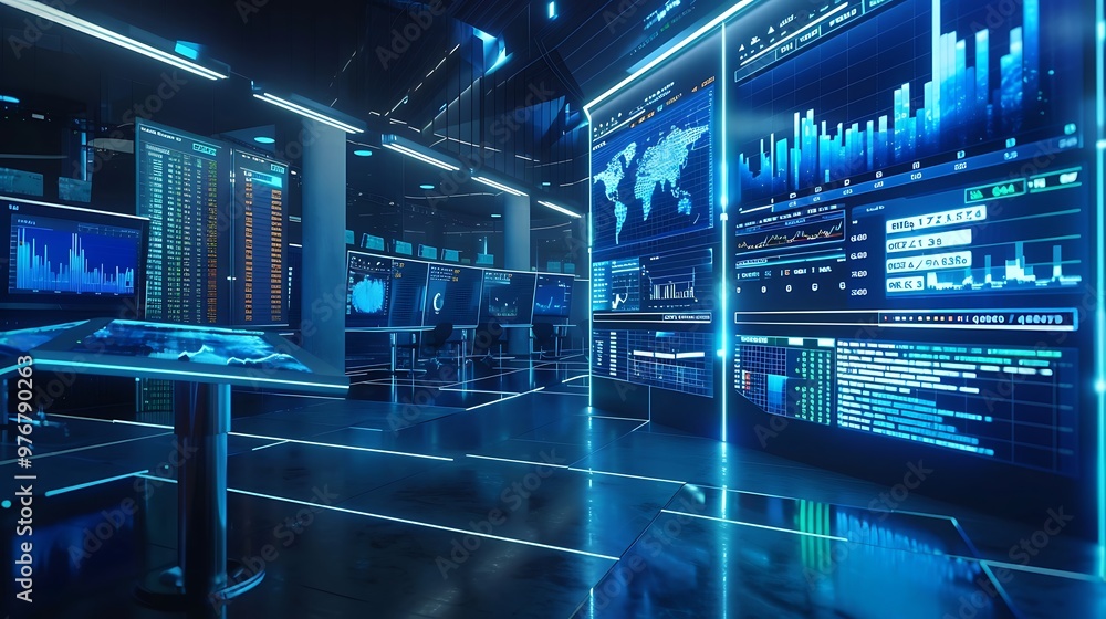 Poster futuristic digital control room with large screens displaying data and graphs. this is a concept for