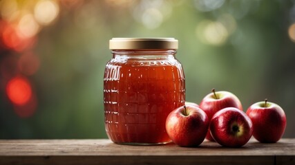 Harvest Bounty - Apple Jam Jar and Fresh Red Apples on Display.