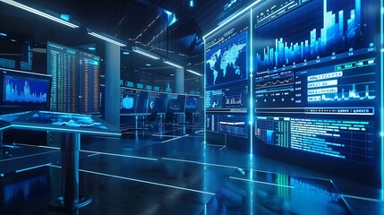 Futuristic digital control room with large screens displaying data and graphs for advanced technology interaction information analysis and intelligent system interface concept.