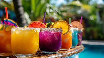 Colorful drinks by the pool celebrate National Taco Day at a lively outdoor gathering
