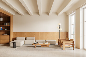 Beige home living room interior with two armchairs and couch, panoramic window