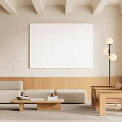 Relax room interior with couch, armchairs and coffee table. Mockup frame