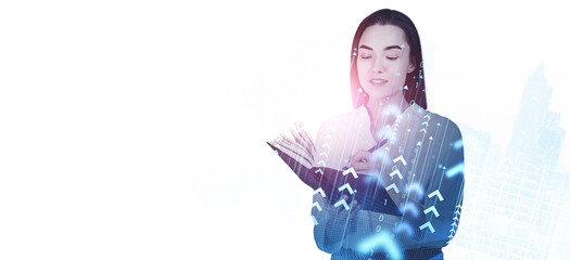 Woman reading a book with digital data graphics overlay, on a wh